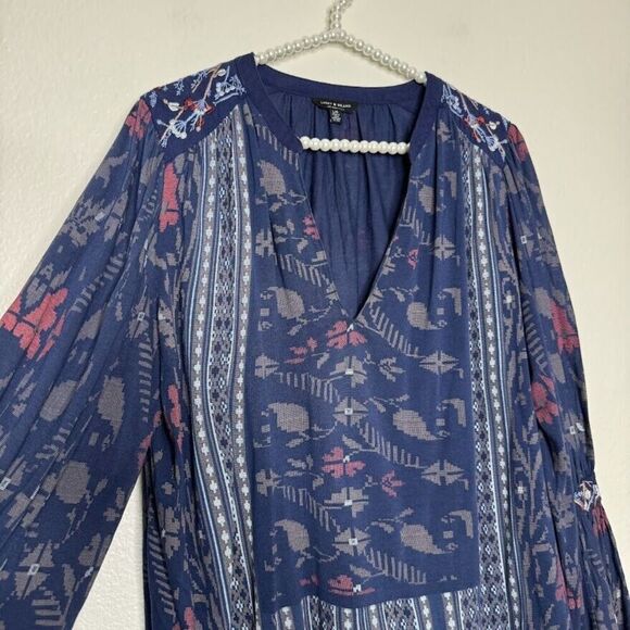 Lucky Brand Top Large Blue Square Stitch Print Embroidered V-Neck Boho Peasant - Picture 2 of 10